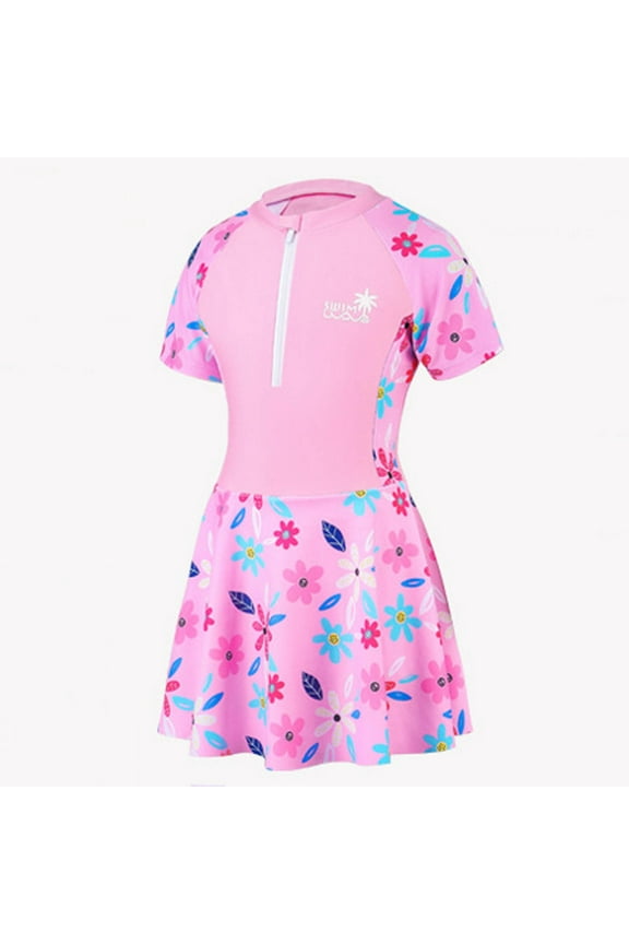 Girls' Swimwear 6-12 Years Trendy Floral Print Short Sleeve Skirted Swim Dress Summer Round Neck Zipper Little Tween Girls Swimsuits