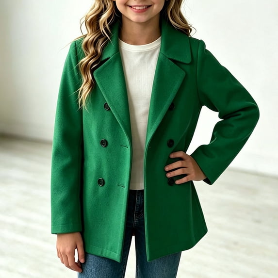 Busydd Girls Trench Coats 5-16 Years Trendy Casual Solid Color Notched Lapel Pea Coat Dressy Long Sleeve Double Breasted Mid Length Wool Blend Outerwear