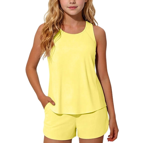 Busydd Girls Two Piece Swimsuits with Shorts 5-15 Years Summer Beach Solid Color Teen Girl Swimsuit Trendy Round Neck Sleeveless Tankini Tops 5-6 Years