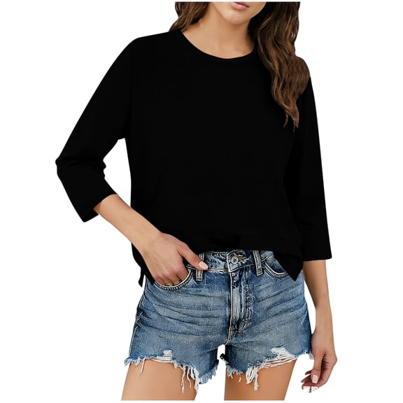 Busydd Going Out Tops for Women Casual Solid Color Tshirts Shirts for Women Fashion Versatile Round Neck 3/4 Sleeve T Shirts for Women 2XL