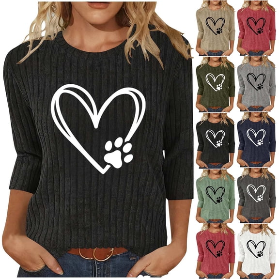 Busydd Going Out Tops for Women Trendy Love Heart Print 3/4 Length Sleeve T Shirts for Women Casual Comfy Knit Ribbed Round Neck Ladies Tops and Blouses XL