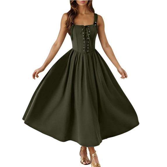 Busydd Gothic Dresses for Women Square Neck Sleeveless Women Dresses Tunic Drawstring Solid Color Midi Dresses for Women L