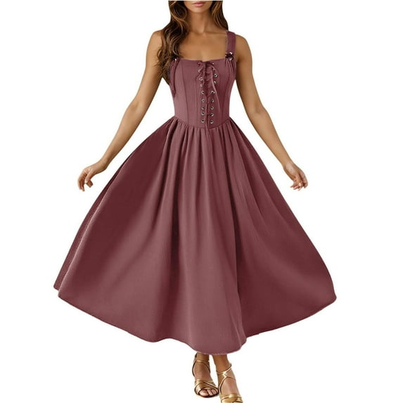 Busydd Gothic Dresses for Women Square Neck Sleeveless Women Dresses Tunic Drawstring Solid Color Midi Dresses for Women XL