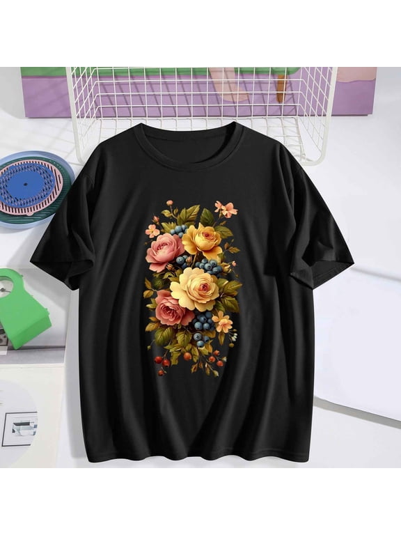 Graphic Tees for Women Trendy Floral Print Short Sleeve Summer Tops Casual Comfy Crewneck Going Out Tops for Women L