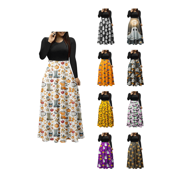 Busydd Halloween Dresses for Women Fashion Print Round Neck Maxi Dress Casual Holiday A Line Long Sleeve Dress L