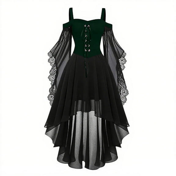 Busydd Halloween Dresses for Women Trendy Chiffon Lace Gothic Dress Vintage Color Block Medieval Renaissance Costume S