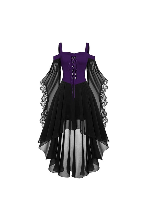 Halloween Dresses for Women Trendy Chiffon Lace Gothic Dress Vintage Color Block Medieval Renaissance Costume S