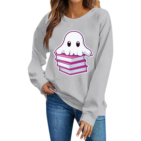 Busydd Halloween Sweatshirts for Women Fashion Graphic Halloween Shirt Casual Long Sleeve Fall Sweatshirts for Women Comfy Cotton Crewneck Sweatshirt M