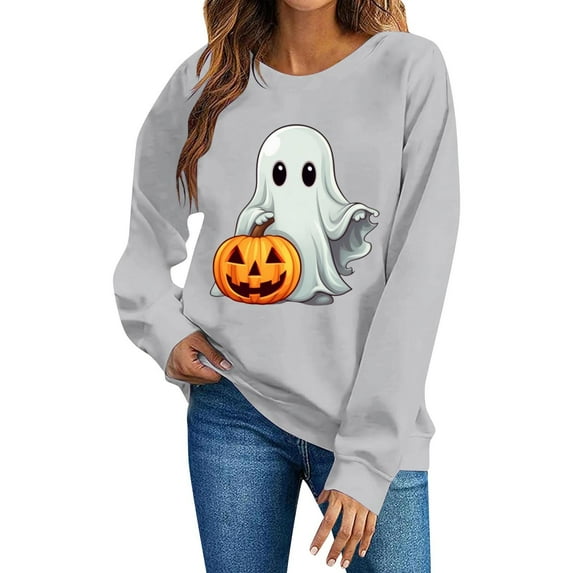 Busydd Halloween Sweatshirts for Women Fashion Graphic Halloween Shirt Casual Long Sleeve Fall Sweatshirts for Women Comfy Cotton Crewneck Sweatshirt XL