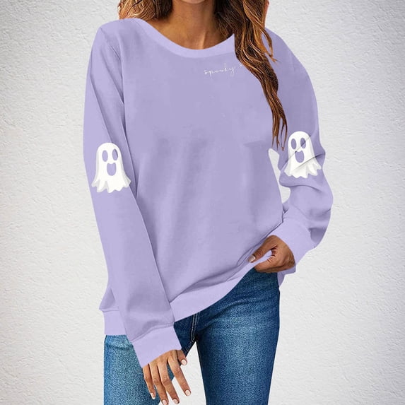 Busydd Halloween Sweatshirts for Women Fashion Graphic Halloween Shirt Casual Loose Long Sleeve Crewneck Sweatshirt Comfy Fleece Pullover Tops M