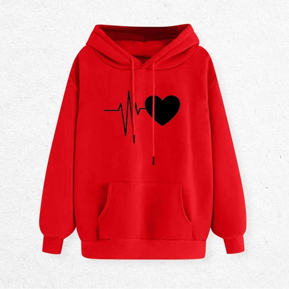 Busydd Hoodies for Women Graphic Pullover Hoodie Long Sleeve Drawstring Hooded Sweatshirt Fashion Casual Heart Print Plain Hoodie with Pocket and Hood