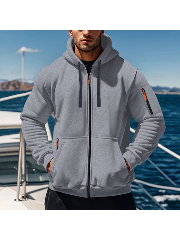 Hoodies for Men Trendy Fleece Zip Up Hoodie Casual Comfy Solid Color Jackets for Men Long Sleeve Drawstring Men'sHoodies with Pockets
