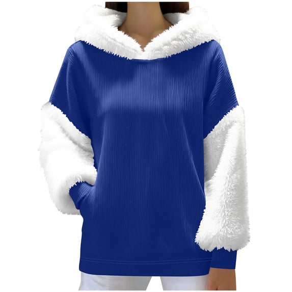 Busydd Hoodies for Women Trendy Color Block Ribbed Womens Long Sleeve Tops Winter Fuzzy Thermal Shirts for Women with Pockets M