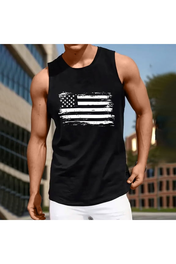 Independence Day Mens Tank Top Casual Sleeveless Round Neck 4th of July T Shirts for Man Trendy American Flag Print Patriotic Tops Summer Lightweight Cotton Workout Tank