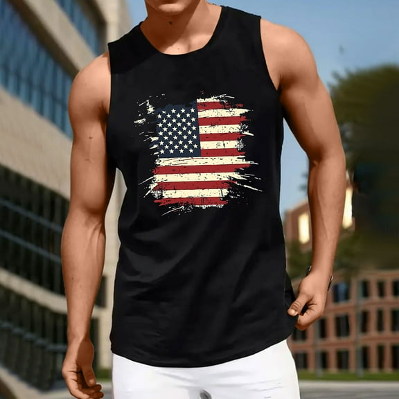 Busydd Independence Day Mens Tank Top Casual Sleeveless Round Neck 4th of July T Shirts for Man Trendy American Flag Print Patriotic Tops Summer Cotton Workout Tank