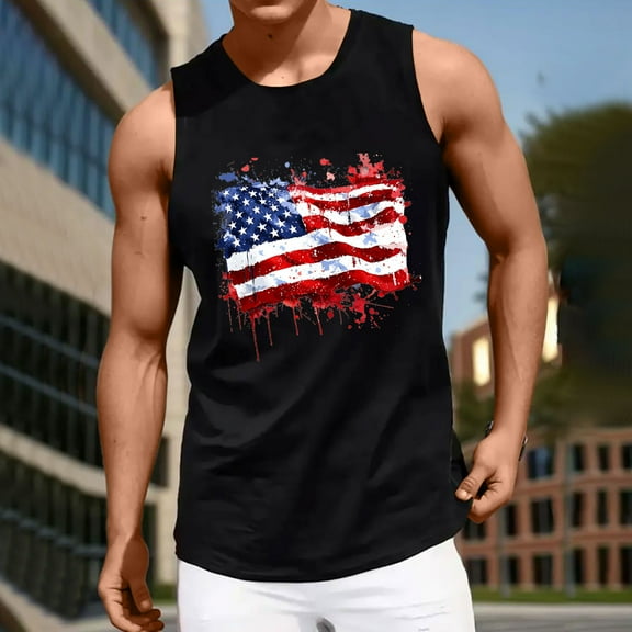 Busydd Independence Day Mens Tank Top Casual Sleeveless Round Neck 4th of July T Shirts for Man Trendy American Flag Print Patriotic Tops Summer Cotton Workout Tank