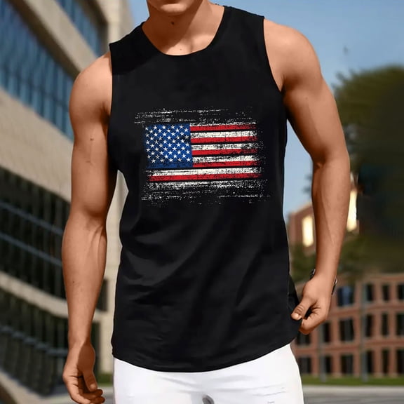 Busydd Independence Day Mens Tank Top Casual Sleeveless Round Neck 4th of July T Shirts for Man Trendy American Flag Print Patriotic Tops Summer Cotton Workout Tank