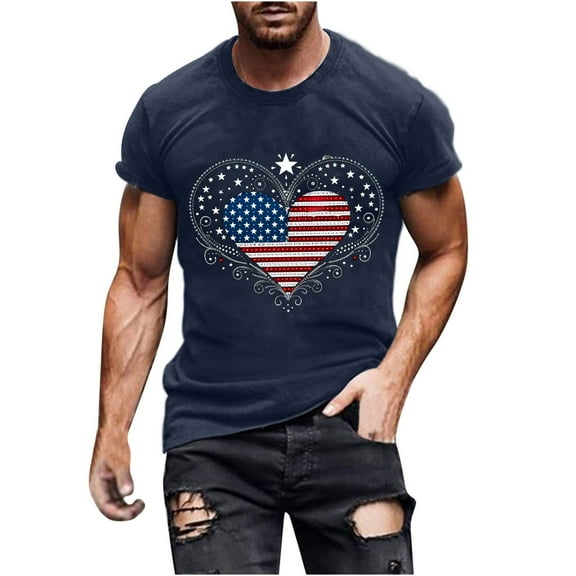 Busydd Independence Day T Shirts for Man Round Neck Short Sleeve Summer Tops 4th of July American Flag Print Patriotic Tees Casual Comfy Cotton T Shirts