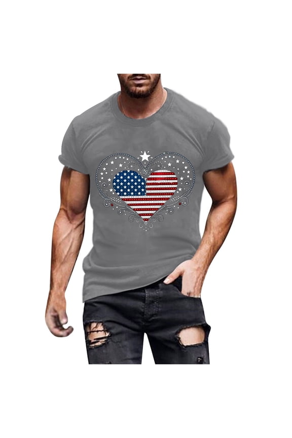 Independence Day T Shirts for Man Round Neck Short Sleeve Summer Tops 4th of July American Flag Print Patriotic Tees Casual Comfy Cotton T Shirts
