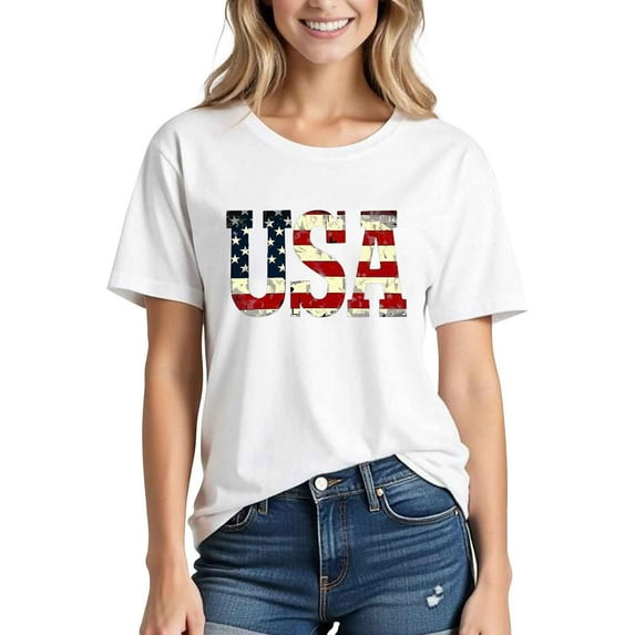 Busydd Independence Day T Shirts for Women Casual Short Sleeve Round Neck Summer Tops Trendy 4th of July Patriotic Tops Comfortable Cotton Graphic Tees L