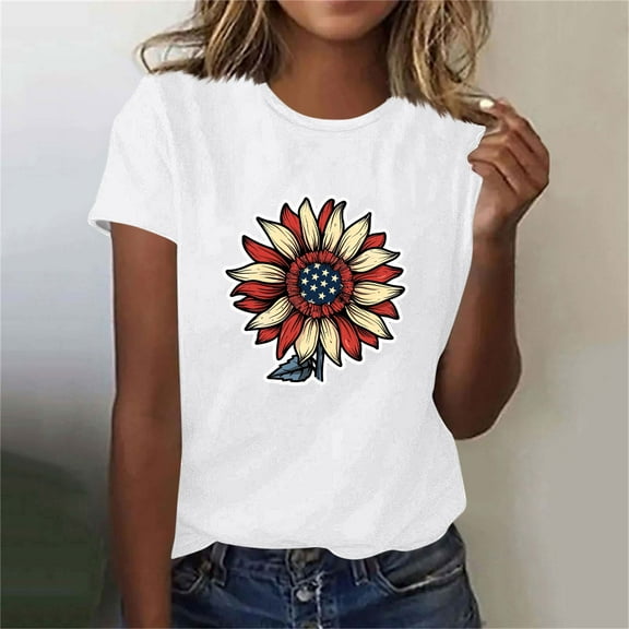 Busydd Independence Day T Shirts for Women Casual Short Sleeve Round Neck Summer Tops Trendy USA Patriotic Graphic Tees Tshirts Comfortable Cotton Going Out Tops 2XL