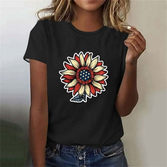 Busydd Independence Day T Shirts for Women Casual Short Sleeve Round Neck Summer Tops Trendy USA Patriotic Graphic Tees Tshirts Comfortable Cotton Going Out Tops S