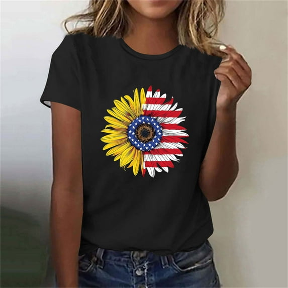 Busydd Independence Day T Shirts for Women Casual Short Sleeve Round Neck Summer Tops Trendy USA Patriotic Graphic Tees Tshirts Comfortable Cotton Going Out Tops S