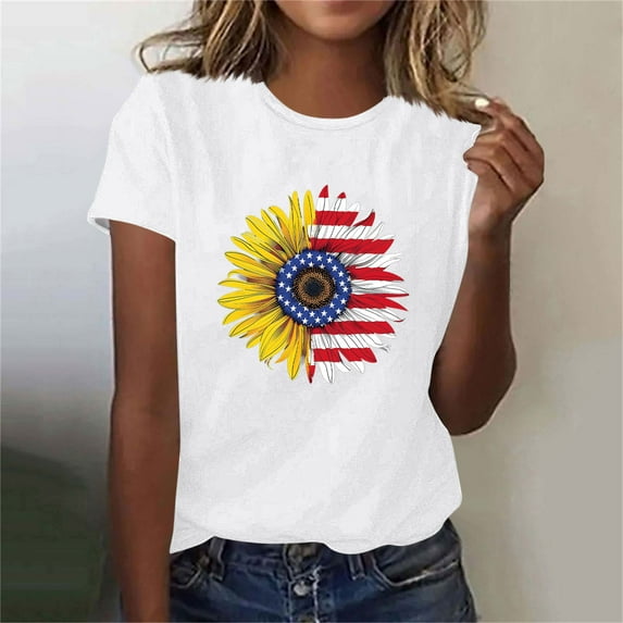 Busydd Independence Day T Shirts for Women Casual Short Sleeve Round Neck Summer Tops Trendy USA Patriotic Graphic Tees Tshirts Comfortable Cotton Going Out Tops M