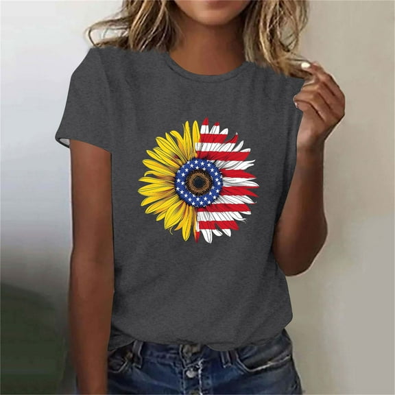 Busydd Independence Day T Shirts for Women Casual Short Sleeve Round Neck Summer Tops Trendy USA Patriotic Graphic Tees Tshirts Comfortable Cotton Going Out Tops S
