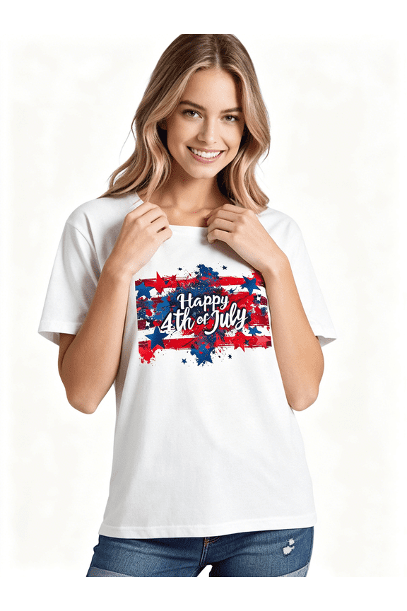 Independence Day T Shirts for Women Fashion American Flag Print 4th of July Patriotic Tshirts Casual Round Neck Short Sleeve Summer Tops Comfy Cotton Graphic Tees L