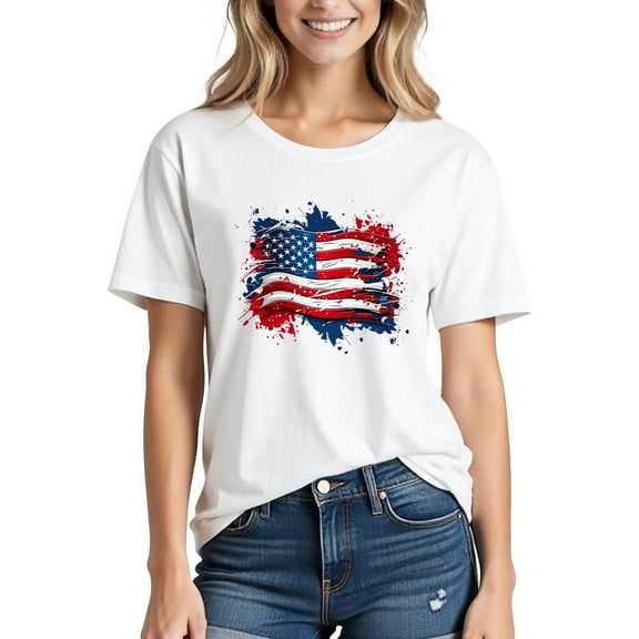Busydd Independence Day T Shirts for Women Fashion American Flag Print 4th of July Patriotic Tshirts Casual Round Neck Short Sleeve Summer Tops Comfy Cotton Graphic Tees 2XL