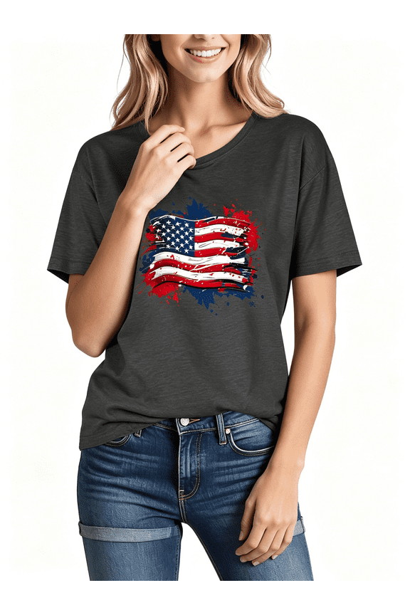 Independence Day T Shirts for Women Fashion American Flag Print 4th of July Patriotic Tshirts Casual Round Neck Short Sleeve Summer Tops Comfy Cotton Graphic Tees S