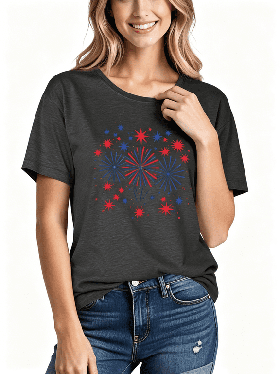 Independence Day T Shirts for Women Fashion American Flag Print 4th of July Patriotic Tshirts Casual Round Neck Short Sleeve Summer Tops Comfy Cotton Graphic Tees 2XL