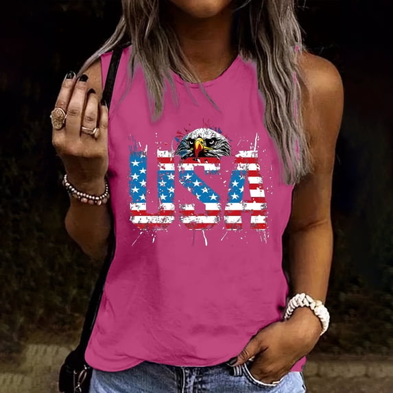Busydd Independence Day Tank Top for Women Casual Sleeveless Round Neck Summer Tops Trendy USA Flag Print Patriotic Tops 4th of July Camisole Tops for Women
