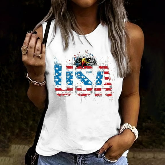 Busydd Independence Day Tank Top for Women Casual Sleeveless Round Neck Summer Tops Trendy USA Flag Print Patriotic Tops 4th of July Camisole Tops for Women