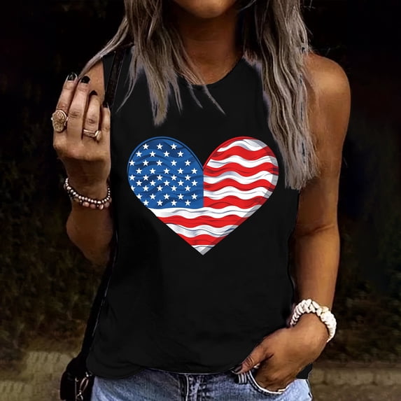 Busydd Independence Day Tank Top for Women Trendy Round Neck Camisole Tops for Women USA Print Patriotic T Shirt Casual Sleeveless Summer Tops
