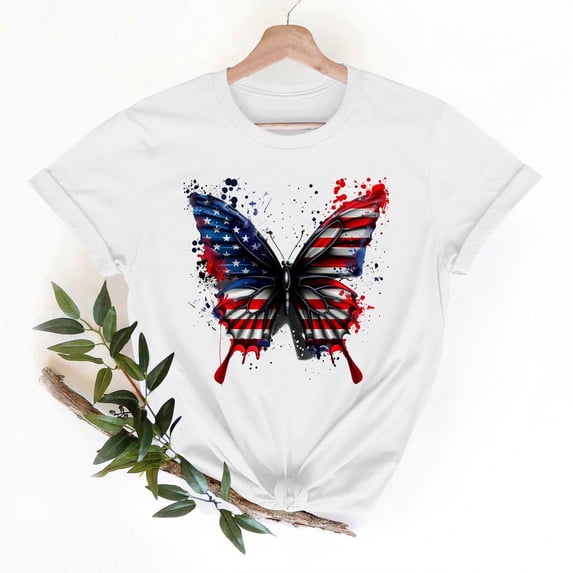 Busydd Independence Day Tops for Women Trendy Casual Comfy T Shirts for Women USA Flag Print Tshirts Round Neck Short Sleeve Going Out Tops XL