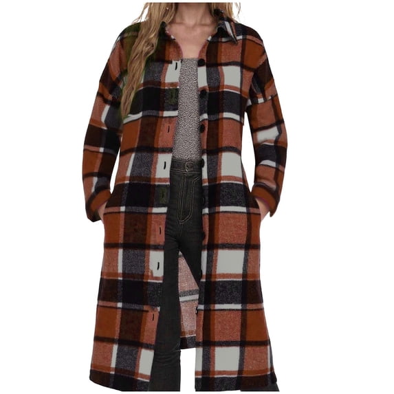 Busydd Jackets for Women Casual Comfy Lapel Button Long Sleeve Shirts for Women Fashion Long Plaid Jackets with Pockets S