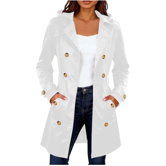 Busydd Jackets for Women Solid Color Long Sleeve Trench Coat Casual Windproof Button Adjustable Waistband Hooded Womens Coat with Pockets L