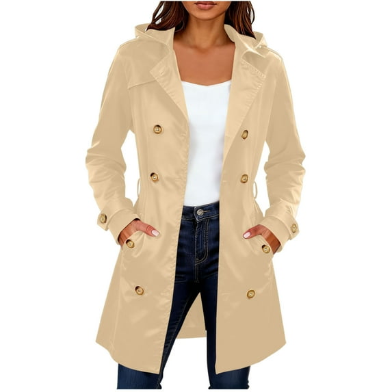 Busydd Jackets for Women Solid Color Long Sleeve Trench Coat Casual Windproof Button Adjustable Waistband Hooded Womens Coat with Pockets L