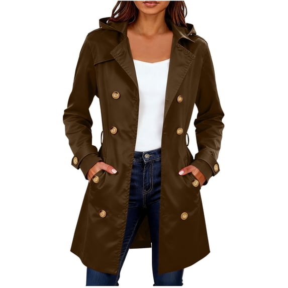 Busydd Jackets for Women Solid Color Long Sleeve Trench Coat Casual Windproof Button Adjustable Waistband Hooded Womens Coat with Pockets L