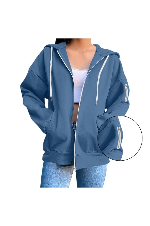 Jackets for Women Trendy Loose Drawstring Solid Color Fleece Jacket Comfy Casual Long Sleeve Zip Up Hoodie with Zipper Pockets