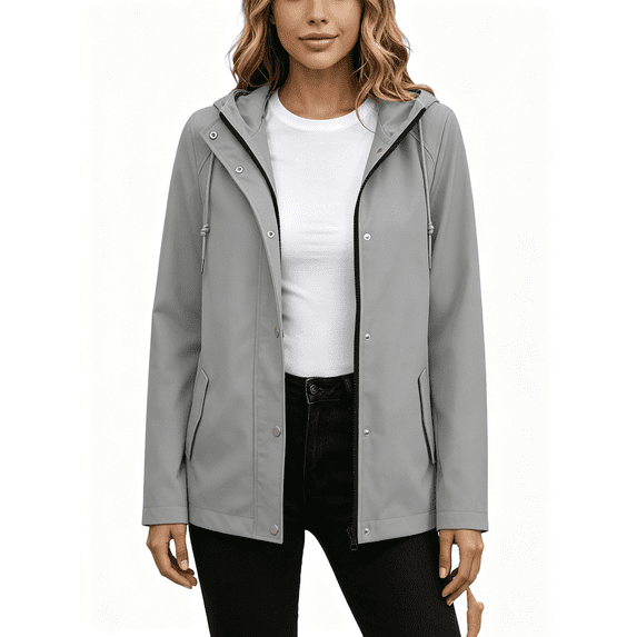Busydd Jackets for Women with Snap Buttons and Pockets Casual Solid Color Long Sleeve Zip Waterproof Windbreaker Jacket for Daily Travel M