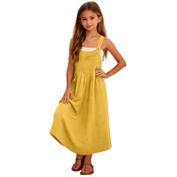 Busydd Jumpsuit Dresses for Girls 5-14 Years Trendy Sleeveless Straps Summer Dress Casual Solid Color Pleated Girls Maxi Dress 13-14 Years