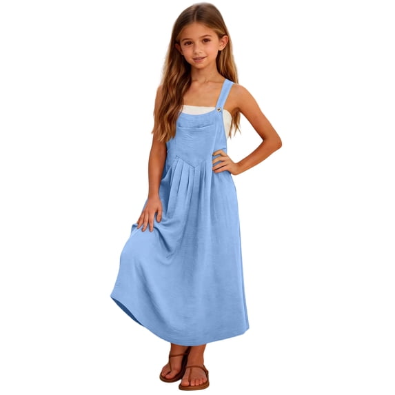 Busydd Jumpsuit Dresses for Girls 5-14 Years Trendy Sleeveless Straps Summer Dress Casual Solid Color Pleated Girls Maxi Dress 7-8 Years