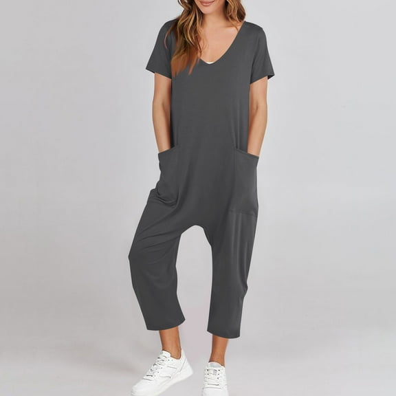 Busydd Jumpsuits for Women Short Sleeve Solid Color Casual Jumpsuit Comfy V Neck One Piece Jumpsuits with Pockets