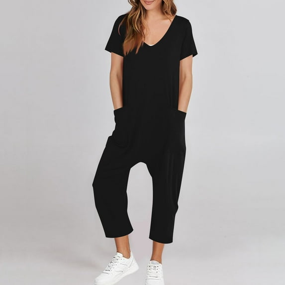 Busydd Jumpsuits for Women Short Sleeve Solid Color Casual Jumpsuit Comfy V Neck One Piece Jumpsuits with Pockets