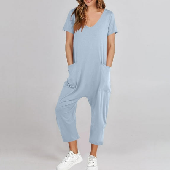 Busydd Jumpsuits for Women Short Sleeve Solid Color Casual Jumpsuit Comfy V Neck One Piece Jumpsuits with Pockets
