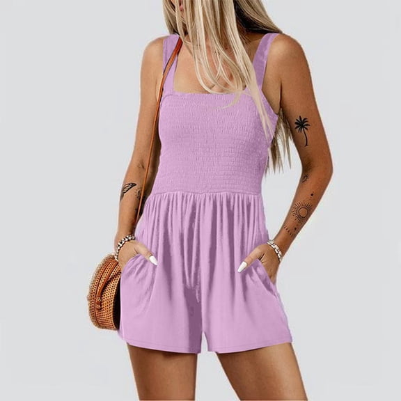 Busydd Jumpsuits for Women Solid Color Squares Neck One Piece Rompers for Women Dressy Casual Summer Short Overalls with Pockets