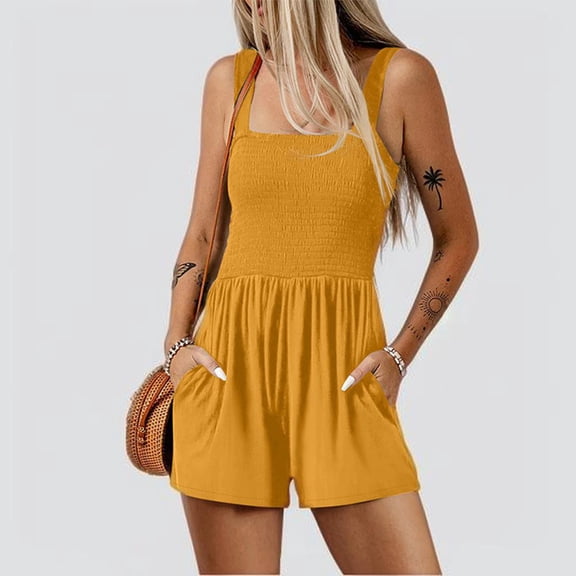 Busydd Jumpsuits for Women Solid Color Squares Neck One Piece Rompers for Women Dressy Casual Summer Short Overalls with Pockets